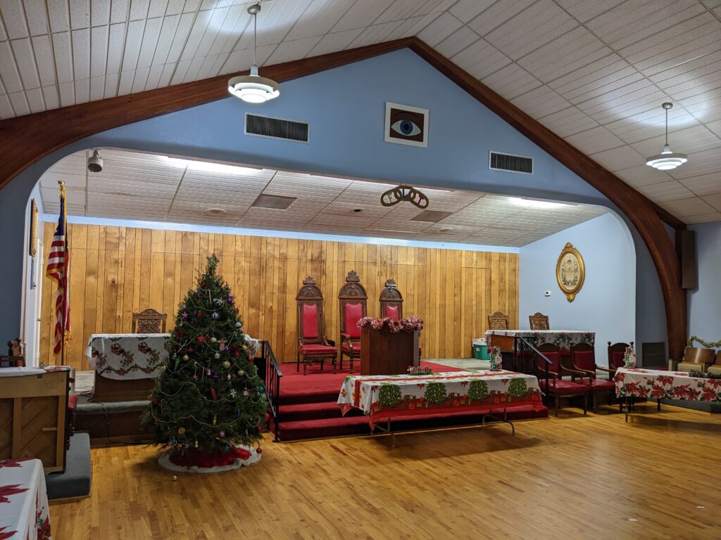 inside of main hall decorated for Christmas party