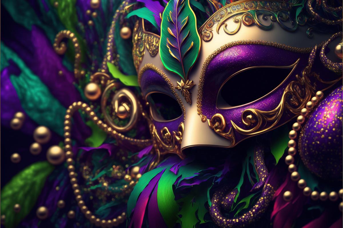 Venetian carnival mask and beads decoration. Mardi gras background